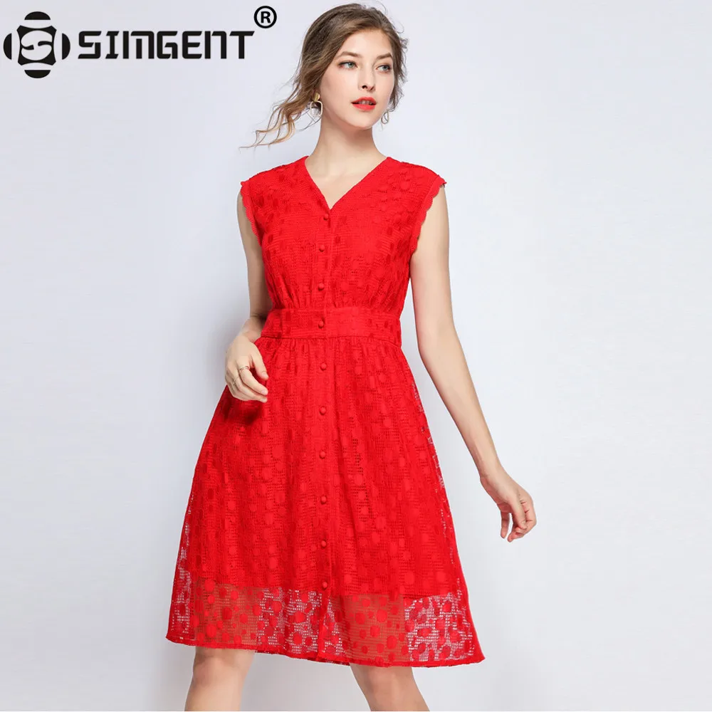 

Simgent Lace Dress Summer Women Vintage Elegant Sleeveless Buttons Knee Length Red Dress Robe Dentelle Vestidos Jurken SG9726