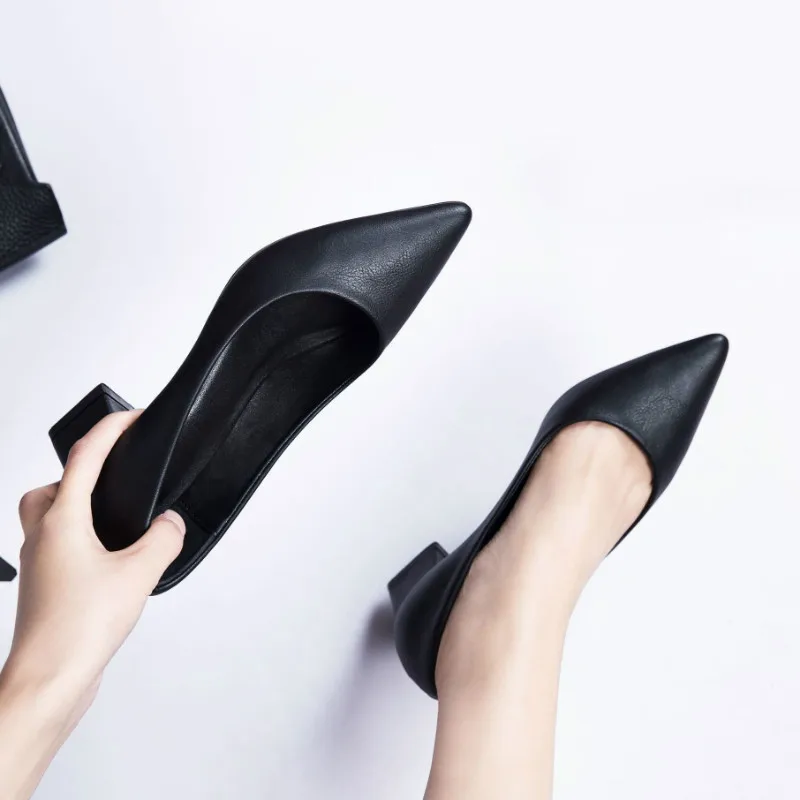

New Women Shoesn Flock & PU Leather Thick High Heels Pointed Toe Shallow Casual Work Shoes Office Female Pumps Shoes Plus Size