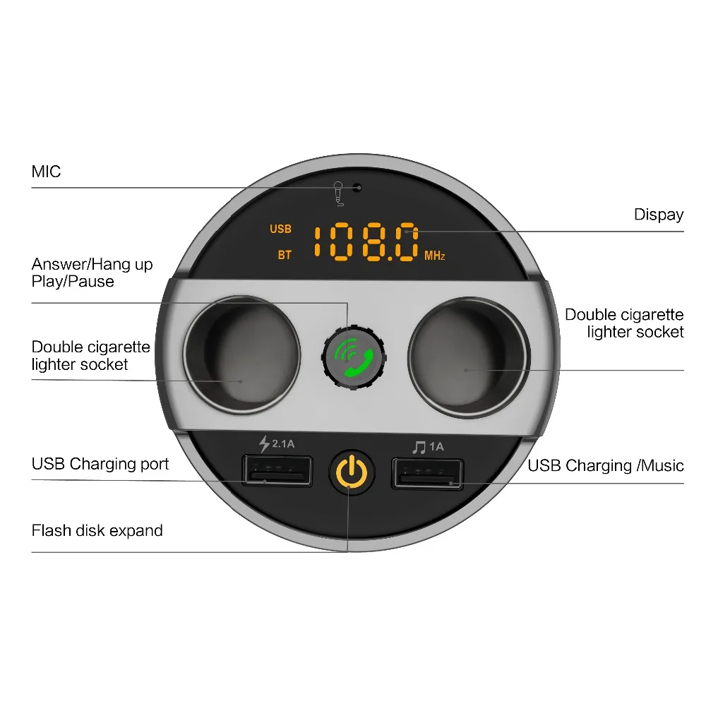 Siparnuo Bluetooth fm transmitter USB Car Charger Voltage Current DisplayCar Cup Holder Car Cigarette Lighter Socket Adapter