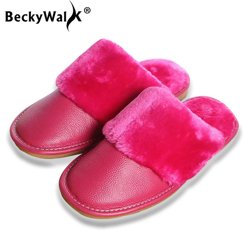 

BeckyWalk Lovers Home Slippers Women Men Floor Shoes Genuine Leather Indoor Winter Slippers Non-slip Plush Shoes Woman WSH3121