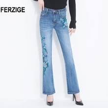Женские джинсы Модные расклешенные джинсовые брюки с цветочной вышивкой светло-голубые с высокой талией стрейч сексуальные женские большие размеры Mujer
