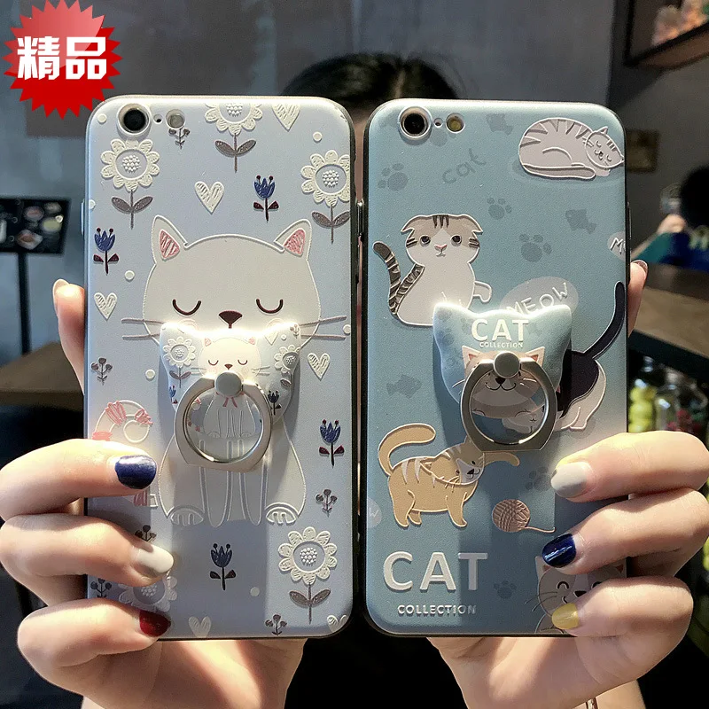 

Case For iphone 7 8 6 case Embossed Cat Bear With Ring Bracket For iPhone 5 5s 6 6s 7 8 plus xs max Drop-proof Phone Case Female