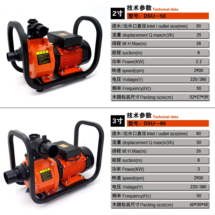 Dsu-50 2.2kw большой Мощность Сельскохозяйственная орошения насос Q Max 25m3/ч всасывание высокое потока Электрический насос