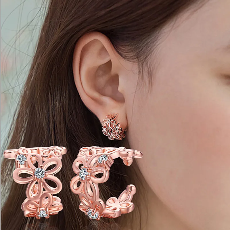 YIXI Hollow Rose Flower Round Clip Earrings Without Hole Non Piercing Earrings for Women Rose