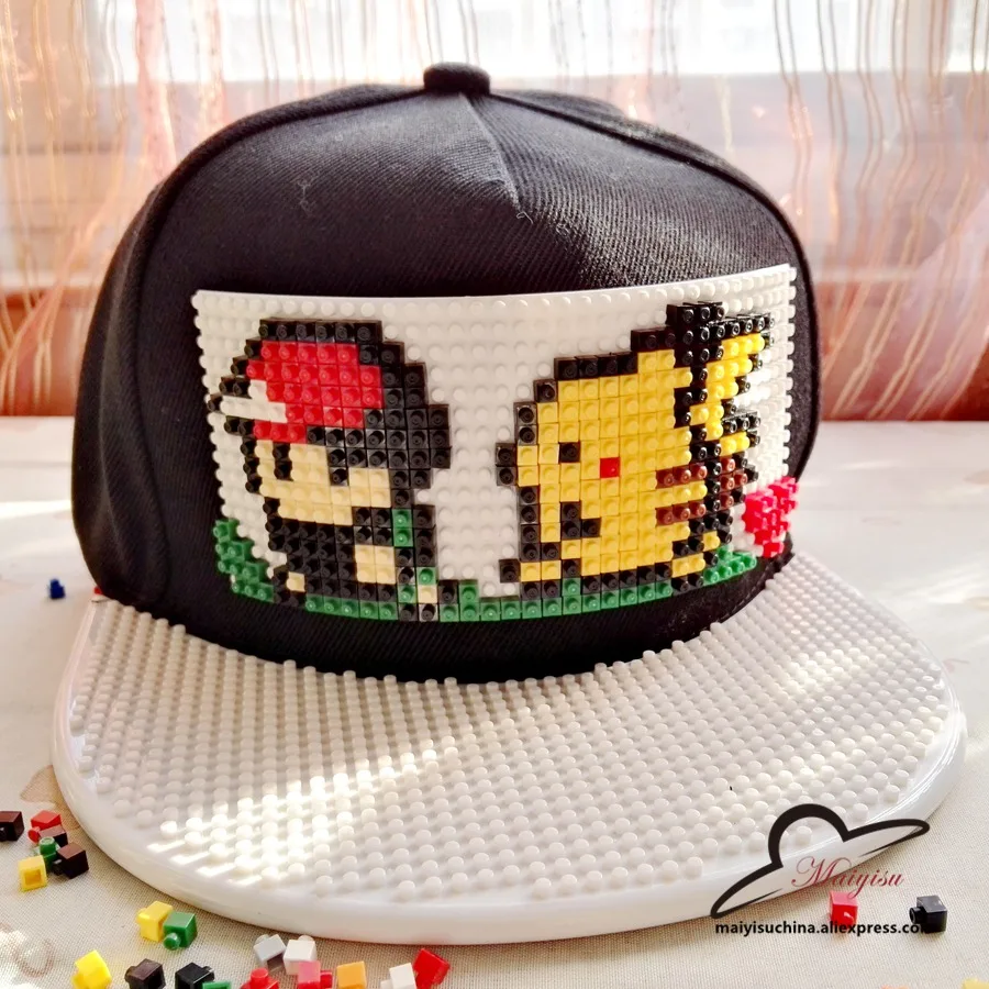 Günstig Pokemon Gehen Ziegel Pikachu Snap Zurück Baseball Cap Hip Hop Hut Snapback Hut Für Männer Frauen Kappe Abnehmbar blöcke gebäude
