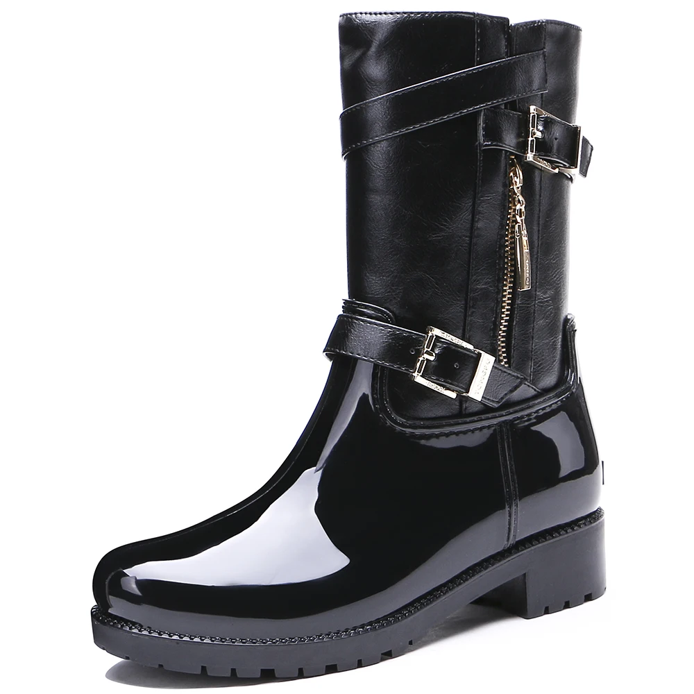 TONGPU Women's Renata Short Boots Zipper & Buckle Waterproof Mid Calf Black Rain Boots for Women