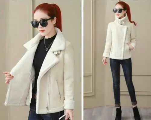 

Womens Lambswool Coat Aviator Leather Jacket Winter Thick Lamb Fur Jacket B3