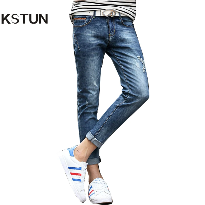 

KSTUN Jeans For Men Summer Ankle Stretch Slim Fit Skinny Leather Pockets Design Blue Ripped Male Denim Biker Jeans Casual Homme