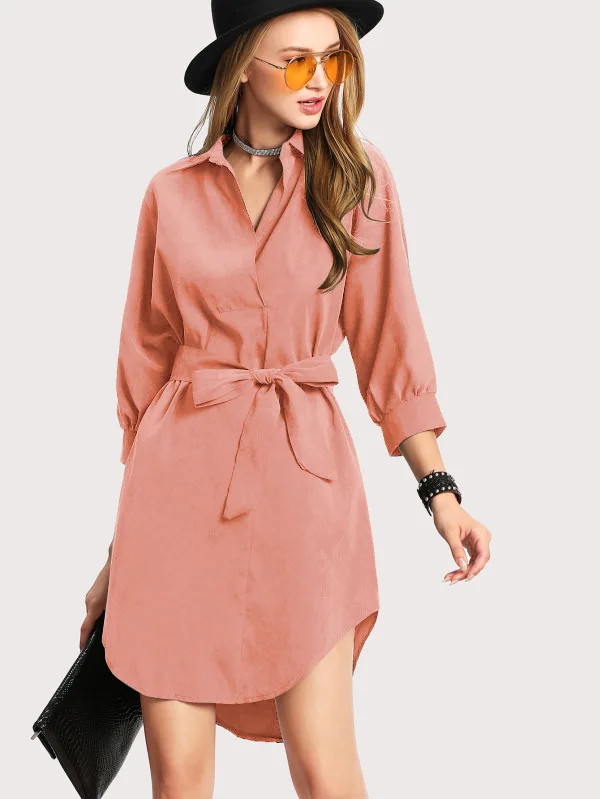 

korean style solid shirts dresses spring autumn woman trend fashion turn-down collar sash single breasted female dresses
