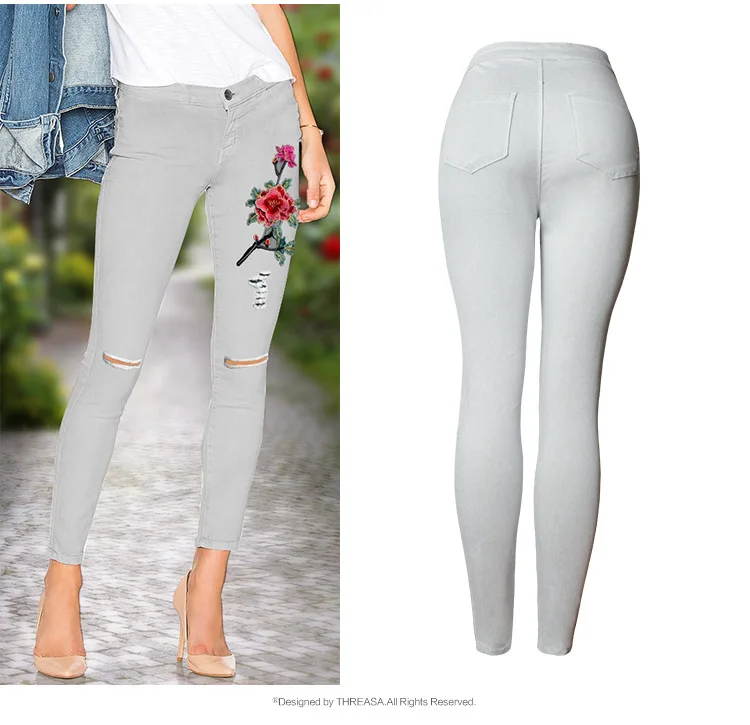Logami Высокая Талия Джинсы для женщин разорвал Тощий вышитые-Джинсы для женщин с цветами женские джинсовые штаны