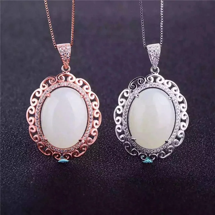 The new natural suet white jade suit 925 Silver Inlay Ring Pendant gold