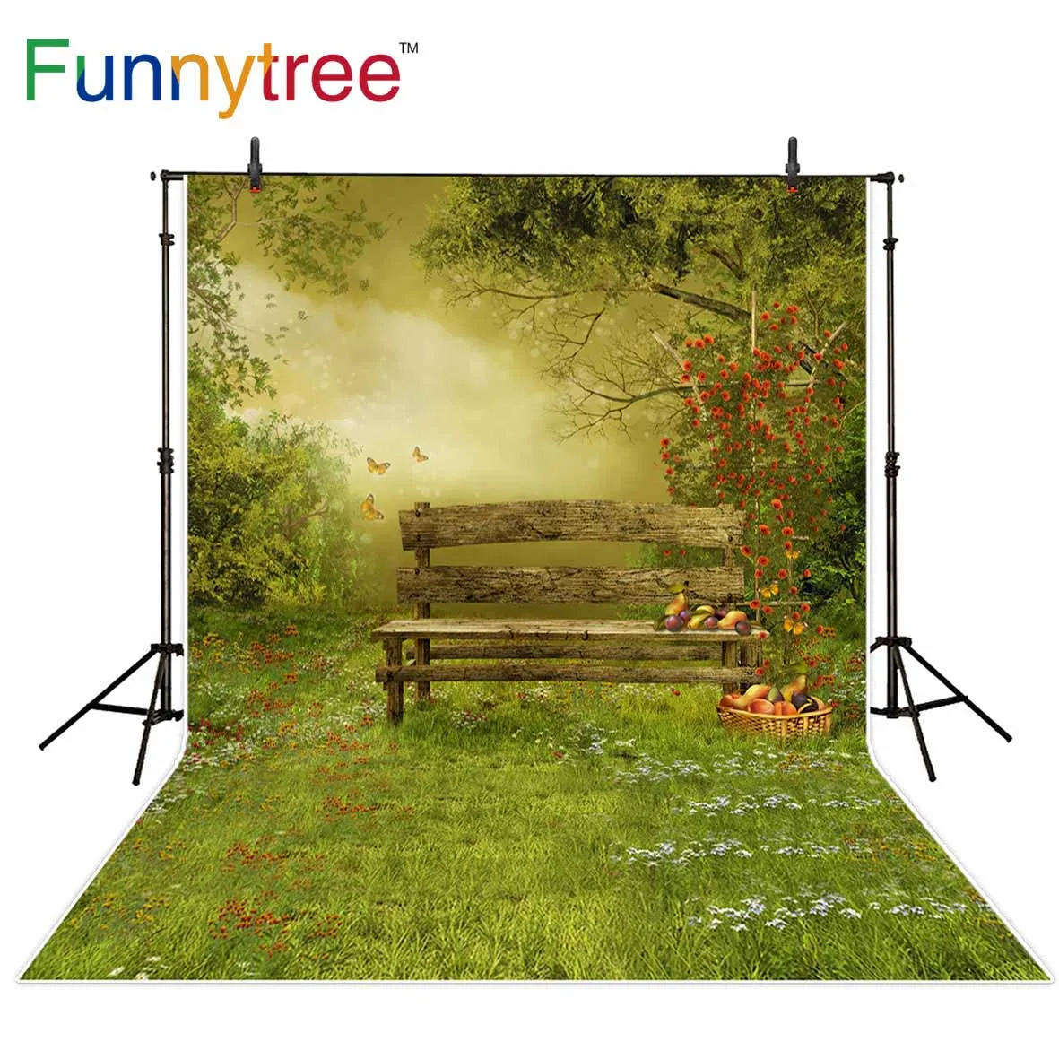 Фотофон Funnytree с винтажным деревянным скамейкой в дереве фруктовый сад фруктами и