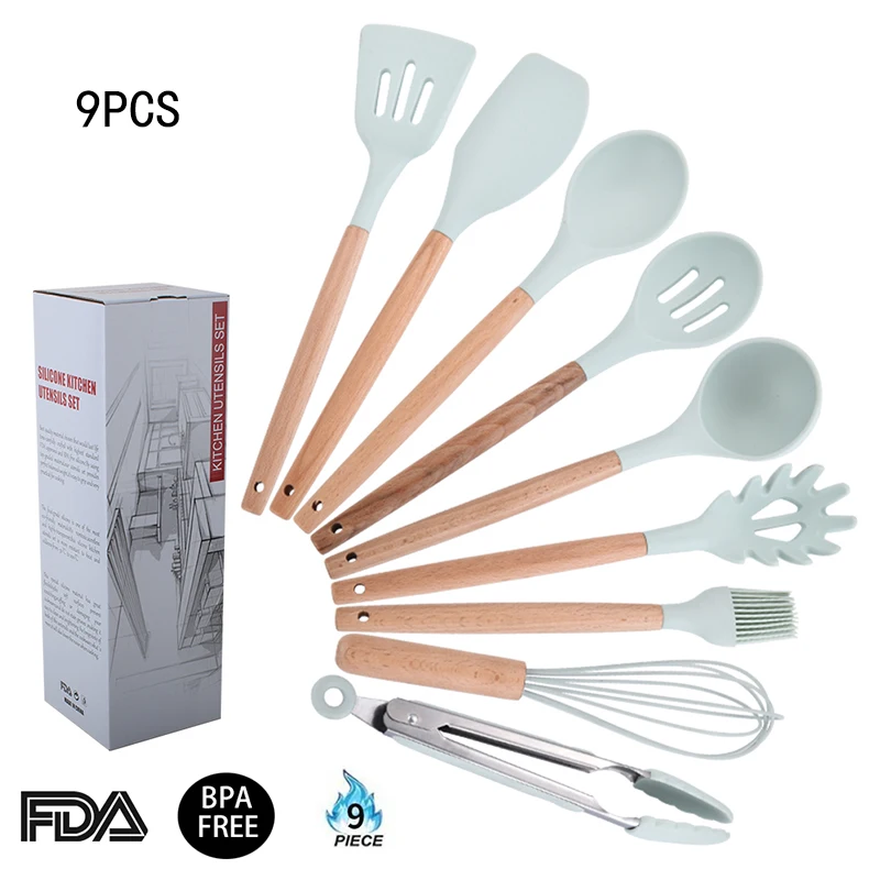 

9 Pieces Silicone Kitchen Cooking Utensils Set with Elm Wood Handle,Nonstick BPA Free Heat Resistant Silicone Kitchen Tool Set