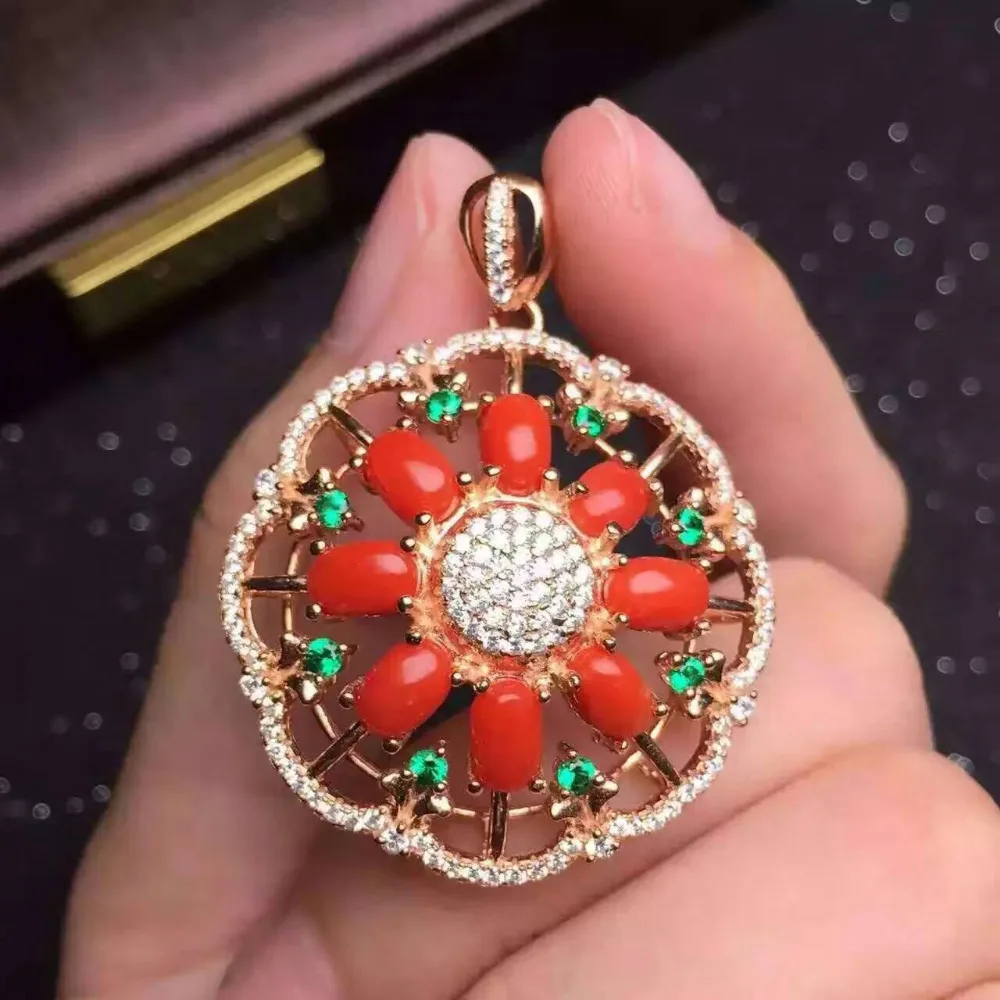 

natural red coral stone pendant S925 silver Natural gemstone Pendant Necklace trendy big Round ball women wedding jewelry