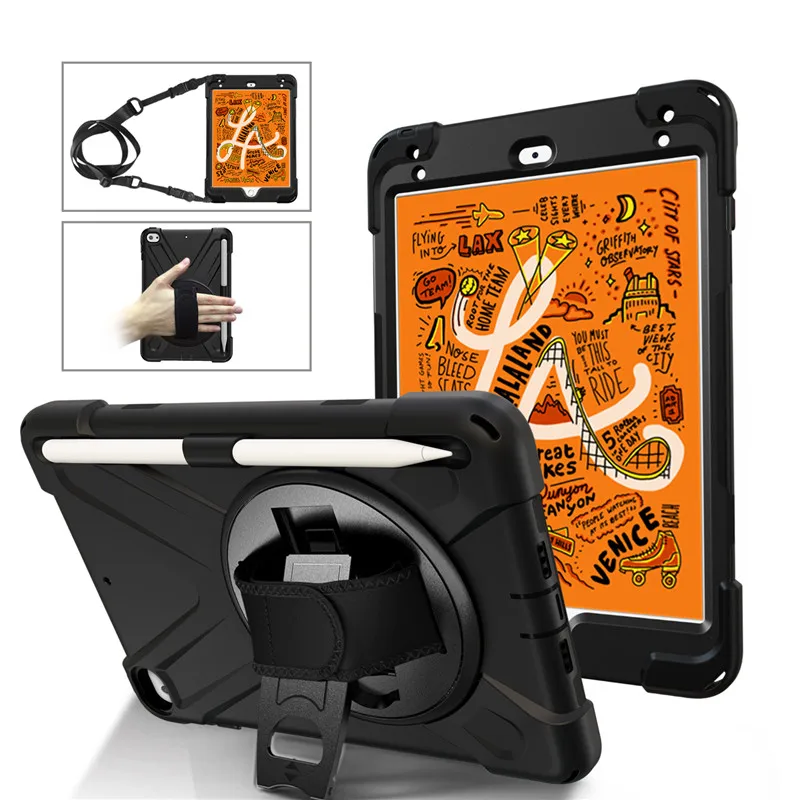 

For ipad mini5 case A2133 A2124 A2126 Safe Shockproof Heavy Duty Silicone+PC Kickstand Case Wrist+Shoulder Strap +pencil holder