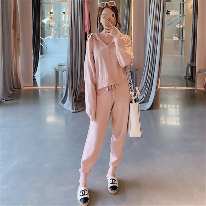 

2019 Spring Fashion Knitted Hooded top+Pants Women Two Piece Sets Solid Slim Tracksuit Sweatshirts Sporting Suit Female