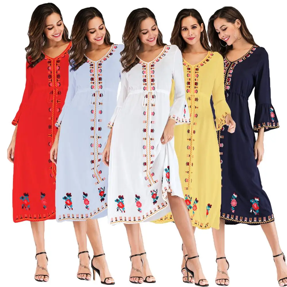 

Ukrainian Embroidered Dress Vyshyvanka Boho Dress V-Neck Ethnic Summer Cocktail Vintage Flare Sleeve Mid-Calf Sleeve New Fashion