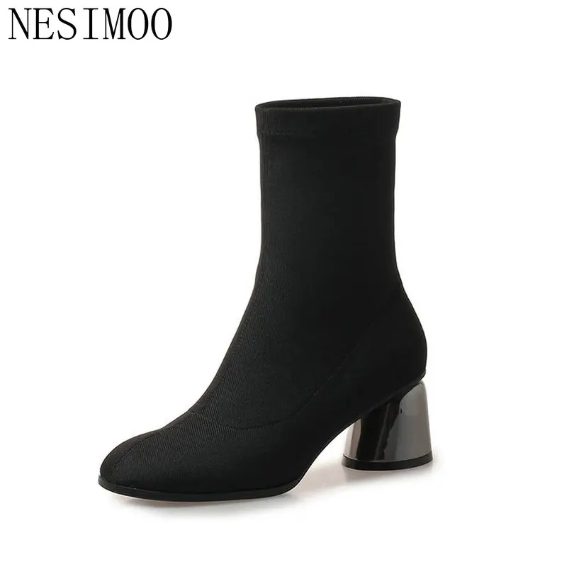 

NESIMOO 2019 Women Ankle Boots Fashion Square High Heel Round Toe Winter Shoes Knitting Women Shoes Women Boots Size 34-42