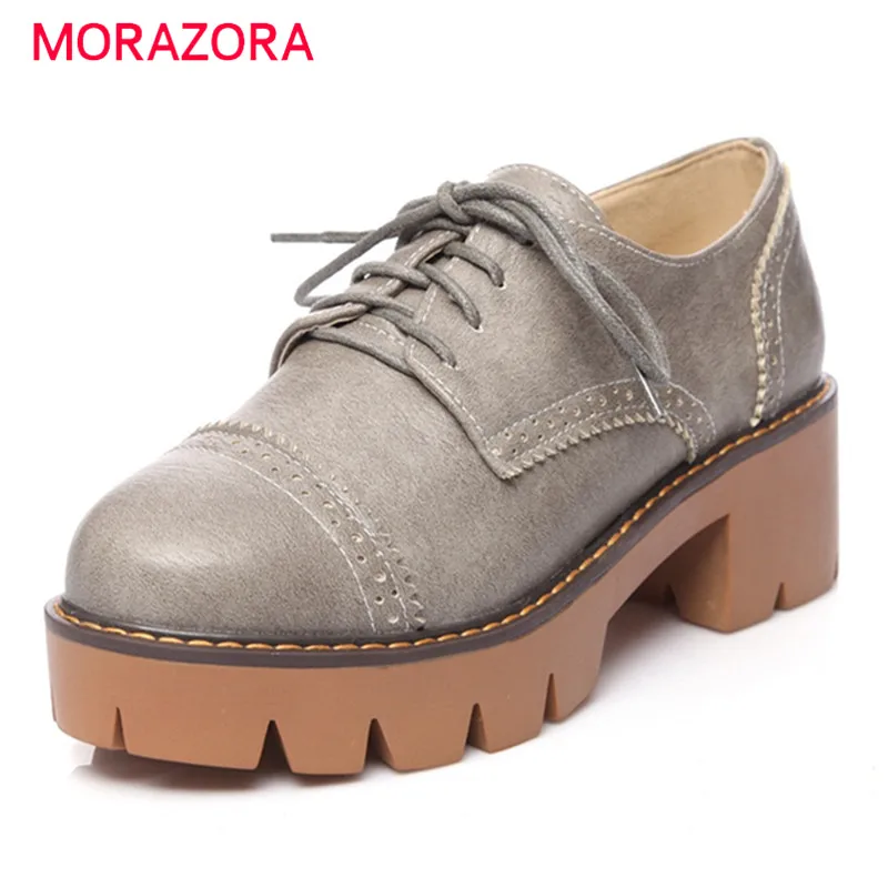 

MORAZORA Solid pu platform shoes lace-up round toe high heels shoes woman soft leather pumps big size 34-43 four seasons