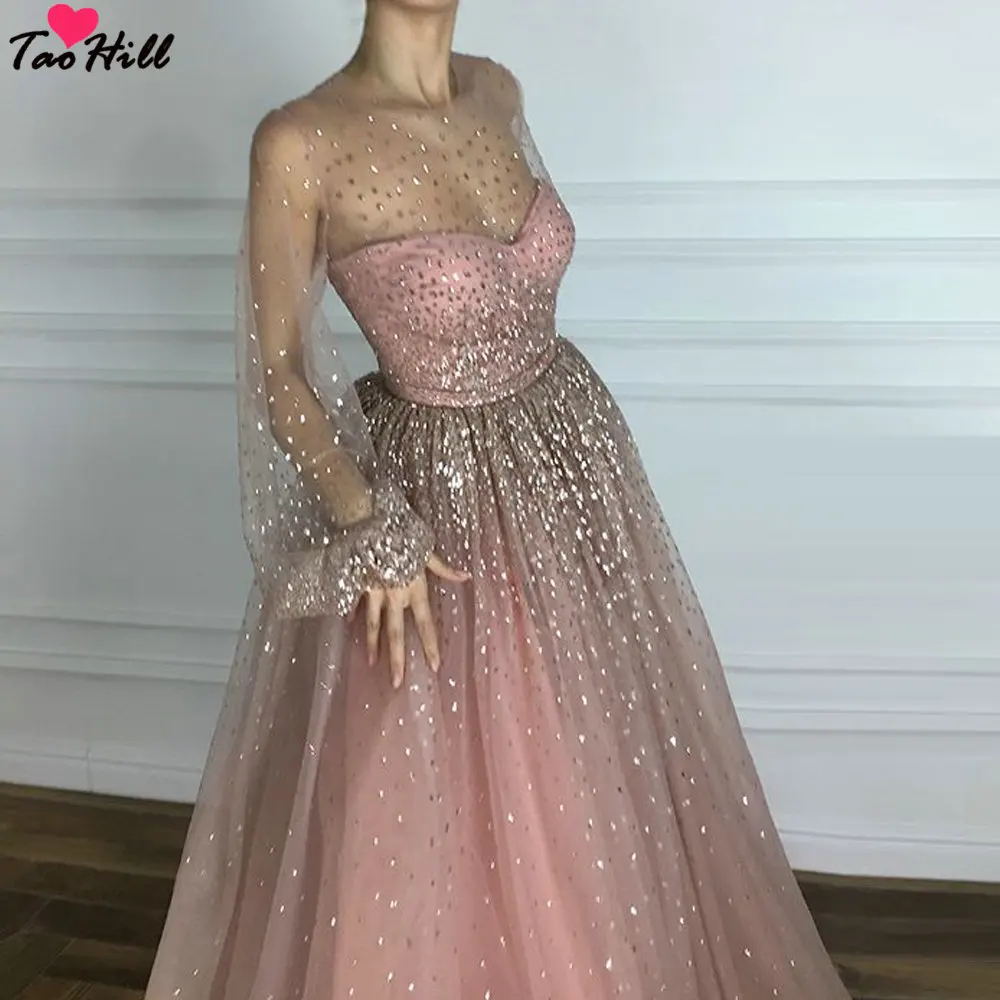 TaoHill женское платье для свадебной вечеринки ТРАПЕЦИЕВИДНОЕ блестящее розовое вечернее платье с длинными рукавами и круглым вырезом - Цвет: Розовый