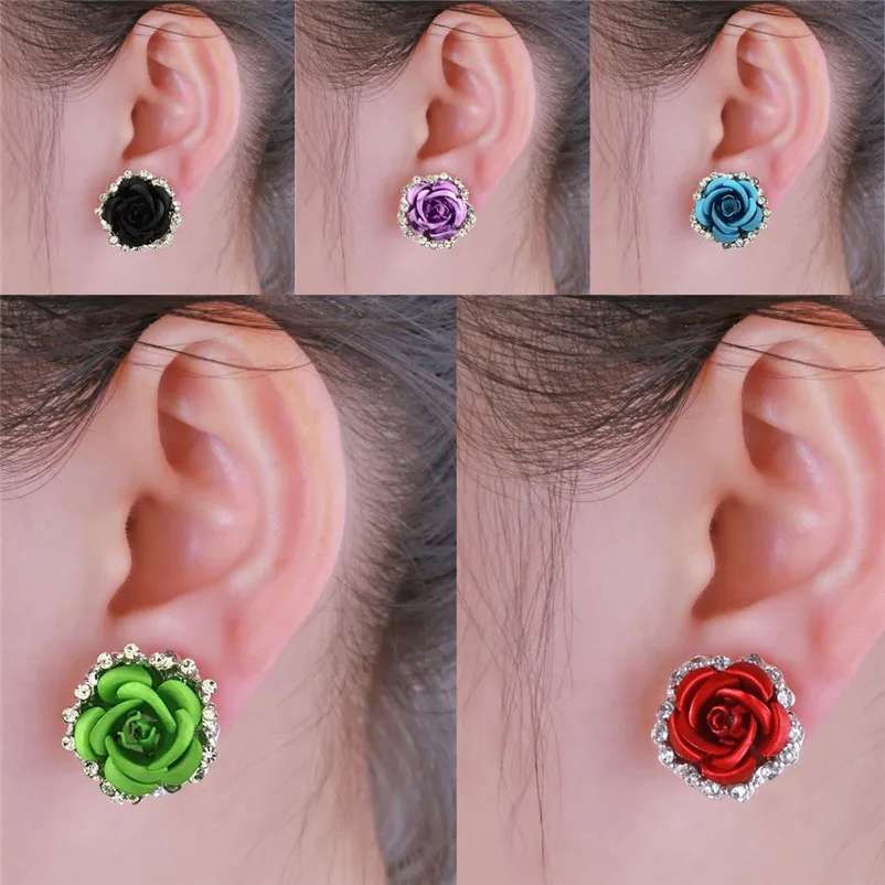 2018 Trendy stud earrings for women Girls Elegant Cute Women Lady Girls Black White Rose Flower Stud Earrings Brincos J04#N (11)