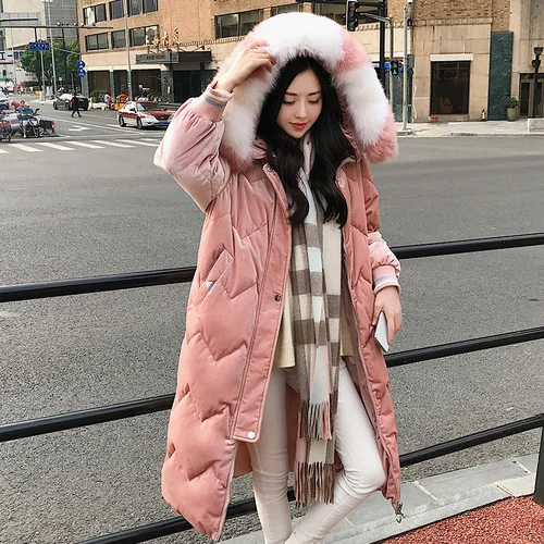 

Gold velvet cotton women's long section Korean version 2018 new winter long down cotton padded women long over the knee coat tid