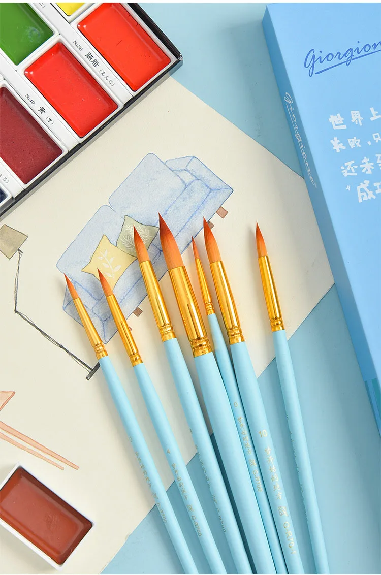 Sonho Perseguir Série Cabeça Redonda Náilon Paintbrush Suite Iniciante Adulto Profissional Desenho Arte Pintura Aquarela Escova Conjunto 7 Pçs 8 High Quality Material escolar e de escritório