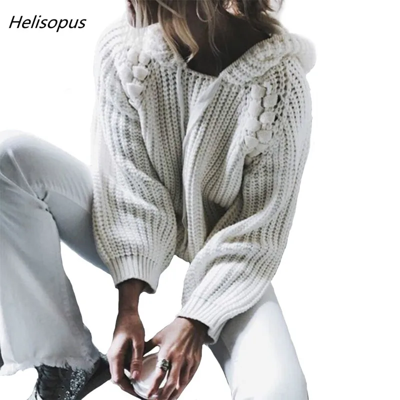 Beste Helisopus 2018 Herfst en Winter Nieuwe vrouwen Trui aantrekken Mode Hooded Wit Dames Casual Losse Gebreide Truien