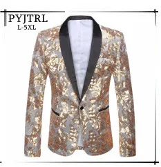 PYJTRL для мужчин размера плюс Классическая шаль с лацканами Slim Fit пиджак повседневное желтый блейзер дизайн костюм сценическая одежда для певцов
