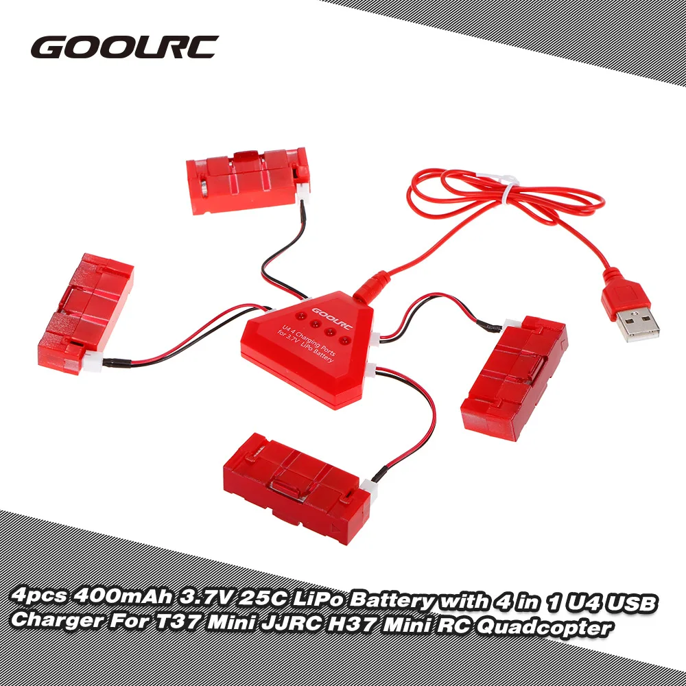 

GoolRC 4pcs RC Battery 400mAh 3.7V 25C LiPo Battery with 4in1 U4 USB Charger for T37 Mini JJRC H37 Mini Quadcopter RC Drone