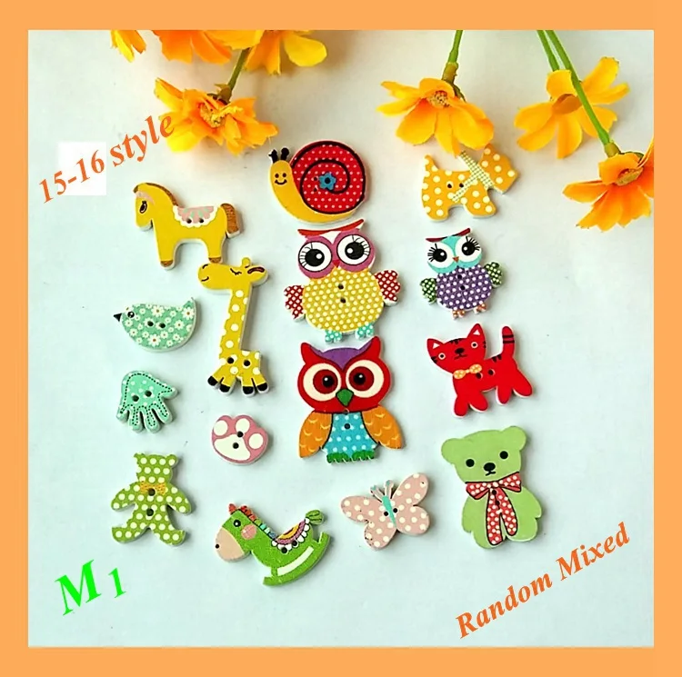 

30pcs Mixed 2 Holes pattern cartoons Wood Sewing decorative Buttons for crafts and scrapbooking 12mm-25mm M-1