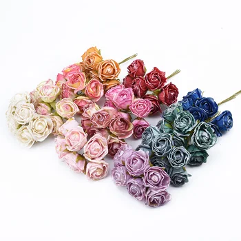 

6pcs Scrapbooking decorative flowers wreaths DIY gifts candy box silk roses pompom bride brooch accessories artificial flowers