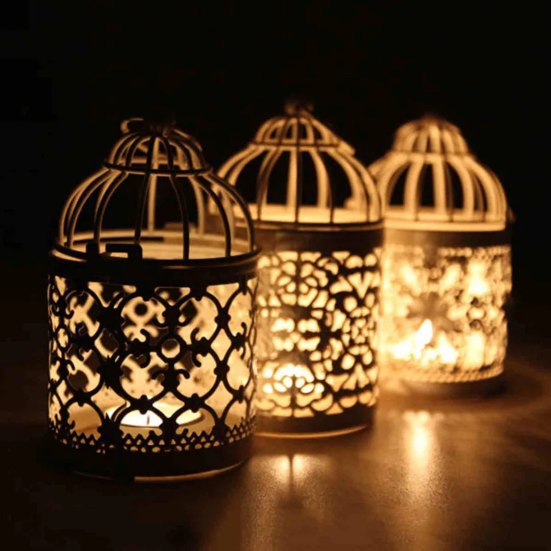 1pc Metal Hollow Candle Holder Tealight Candlestick Hanging Lantern Bird Cage White