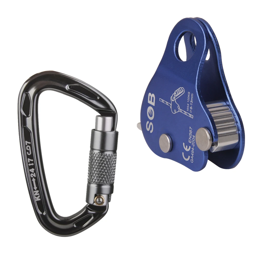 24KN Self Locking Carabiner + Aluminum Rope Grab Climbing Rappelling Gear for Rock Climbing Mountaineering Protector Accessories