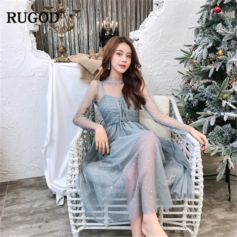 RUGOD элегантное кружевное Прозрачное платье для женщин 2019 одежда Весенний