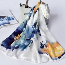 

100% Silk Scarf For Women Long Print Luxury Natural Silk Shawls Wraps Blue Floral Summer Ladies Neckscarf Pure Real Silk Scarves