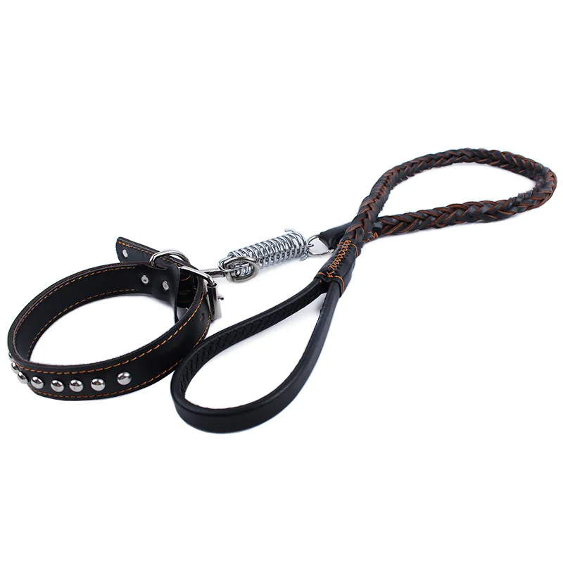 

Pet Collars Harnesses Leads Medium Large Dog Traction rope Leashes cowhide woven Plus spring Dog leash Pet Supplies product