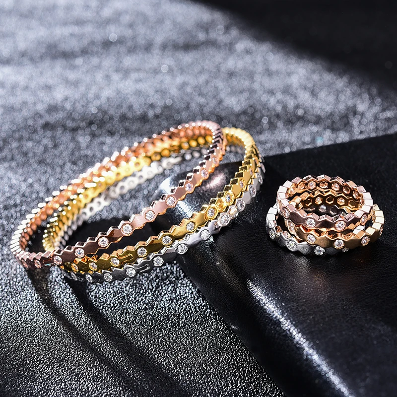 

Jewellery Bangle And Ring Sets New Fashion Design For Women With Zircon Bijoux Ensemble Trendy Style SZ0288 Stainless Steel Set