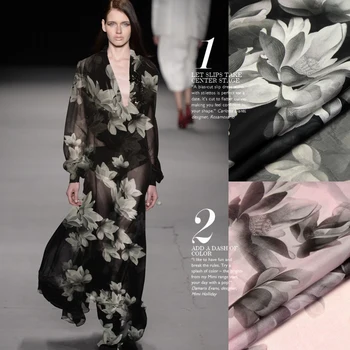 

elegant grey orchid!140cm wide 8mm beautiful floral silk chiffon fabric for summer long dress shirt clothes soft thin fabric