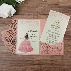 Pink 50 шт. темно-красная лазерная резка flor De Lis карман Приглашения поздравительные карты с конвертом по индивидуальному заказу вечерние, CW0008R - Цвет: Pink