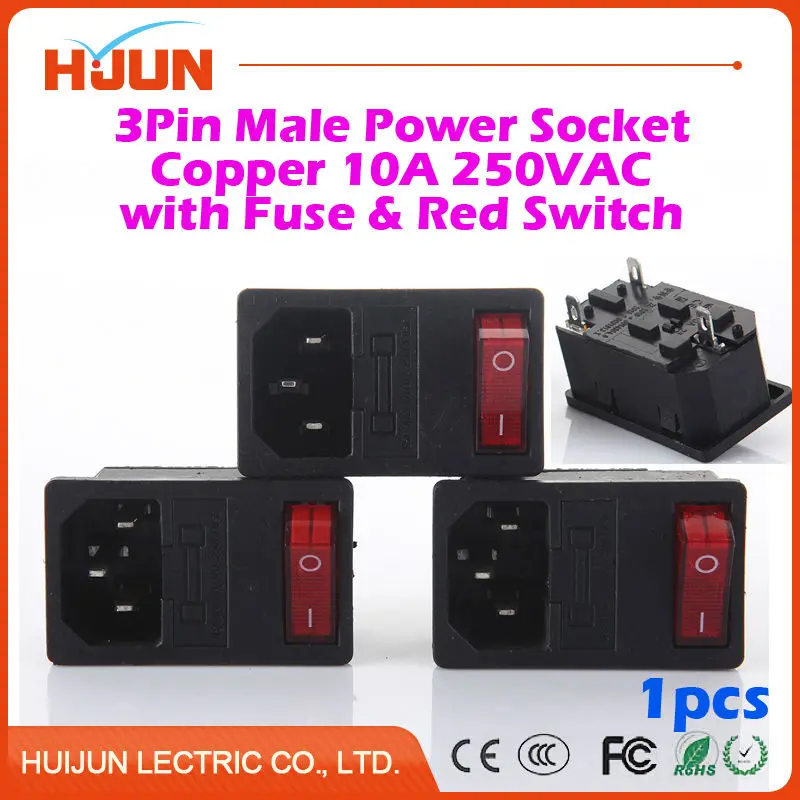 

1Pcs High Quality 3 Pin Male Safe Power Socket with Fuse & Red Switch Copper Inlet Connector Plug 10A 250V AC Computer Apparatus