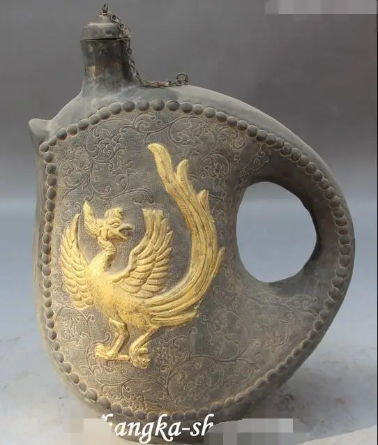 

10" Old Chinese Bronze Gilt Phoenix Tortoise Xuanwu Pot Jar Crock Teapot Statue