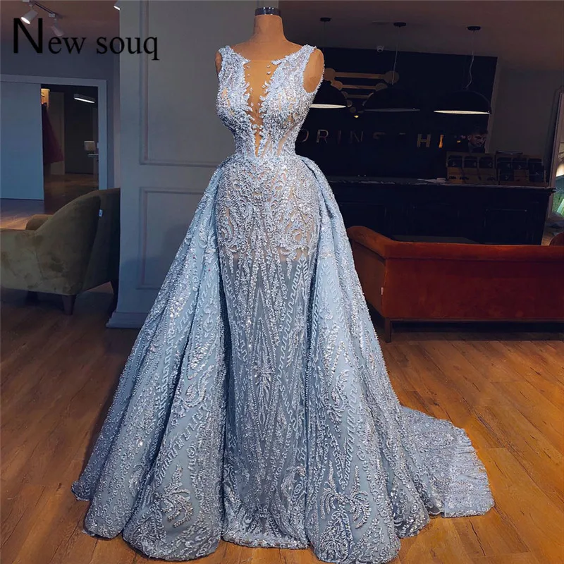 

Blue Lace Illusion Evening Dress Two Pieces Prom Dresses 2019 Couture Wedding Party Gowns Arabic Robe De Soiree Formal Kaftan