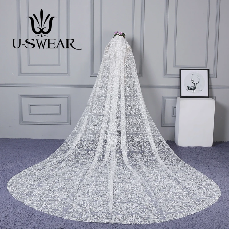 

U-SWEAR 2019 New Arrival Women Wedding Veil Cathedral One Layer Flora Exquisite Hand Embroidery Mantilla Velos De Novia