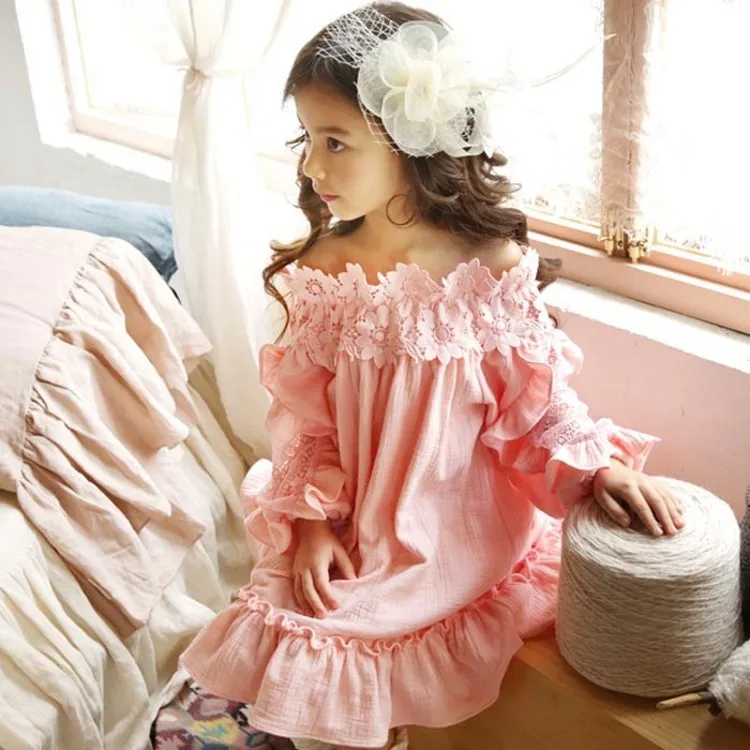 

Girls Flower Neckline Off Shoulder Lace Party Dress Princess Pink Asymmetric Ruffles Spring Fall Holiday Dresses