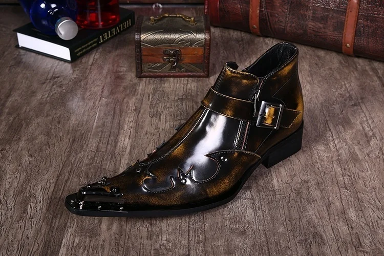 

Burgundy and Bronze Color Style Fashion Mens Shoes with Iron and Zipper Decoration Pointed Head Cow leathe for Banquet and Weddi