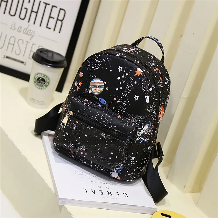 Модный женский кожаный рюкзак Mochila Escolar с принтом звездной Вселенной, школьные сумки черного цвета для девочек-подростков, маленький рюкзак
