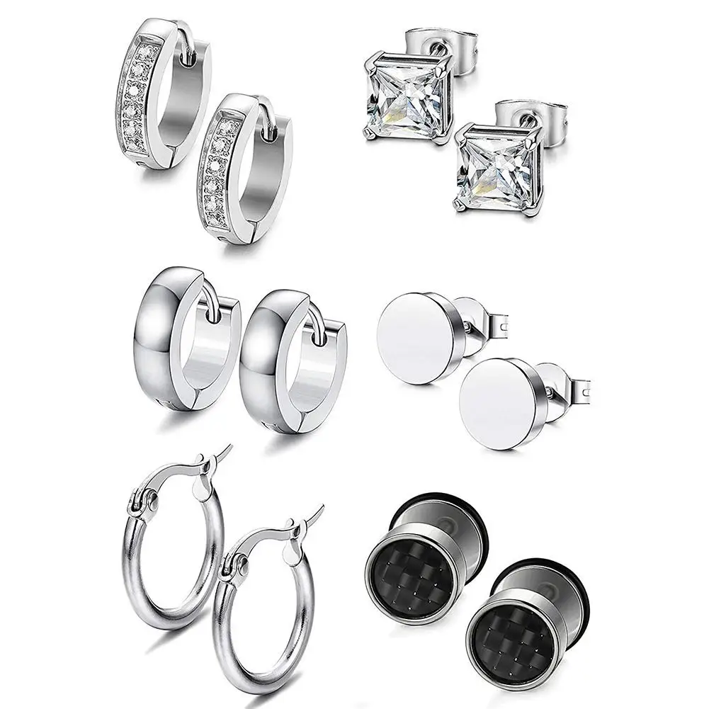 

6 Pairs Unisex Stainless Steel Rhinestone Inlaid Huggie Stud Earrings Jewelry