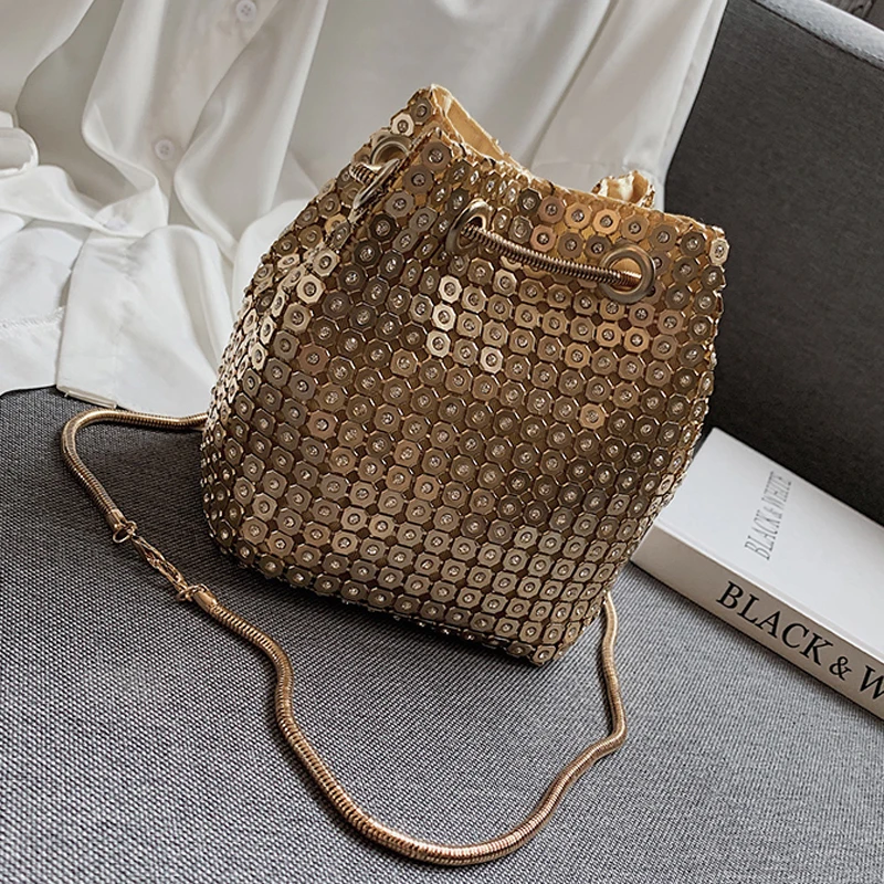 SEKUSA Sequined Women Day Clutches Diamonds Hollot out Chain Shoulder Handbags Silver Black Gold Soft Evening Bags