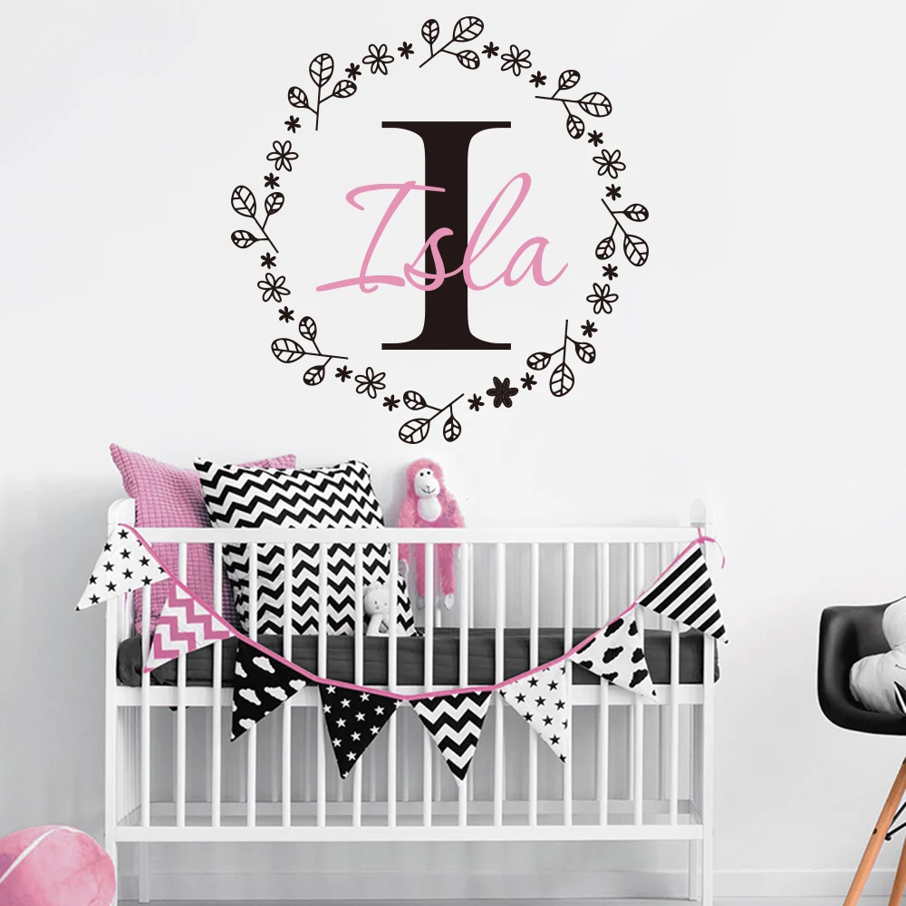 Custom Name Flowers Leaves Wall Sticker Baby Nursery Kids Room